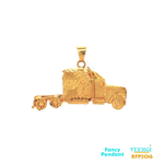 22-karat gold pendant in the shape of a semi-truck. The pendant falls under the category of fancy pendants and is listed with the product code RFP2016. It weighs 11.2 grams and measures 4.2cm by 2.5cm. The pendant is made of yellow gold.