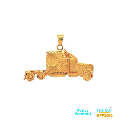 22-karat gold pendant in the shape of a semi-truck. The pendant falls under the category of fancy pendants and is listed with the product code RFP2016. It weighs 11.2 grams and measures 4.2cm by 2.5cm. The pendant is made of yellow gold.