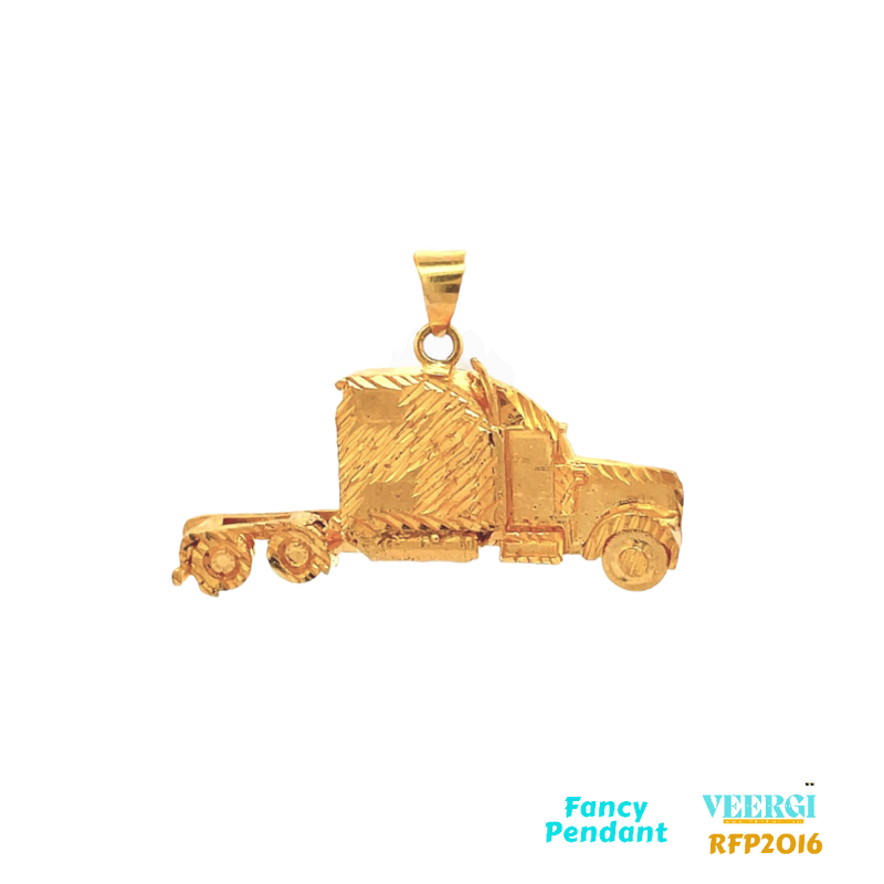 22-karat gold pendant in the shape of a semi-truck. The pendant falls under the category of fancy pendants and is listed with the product code RFP2016. It weighs 11.2 grams and measures 4.2cm by 2.5cm. The pendant is made of yellow gold.