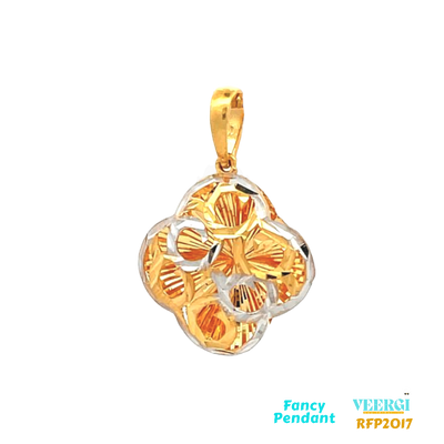 22-karat gold pendant with a two-tone design featuring an oval and netted pattern. The pendant falls under the category of fancy pendants and is listed with the product code RFP2017. It weighs 1.9 grams and has dimensions of 2.5cm by 1.8cm. The pendant is made of yellow gold.