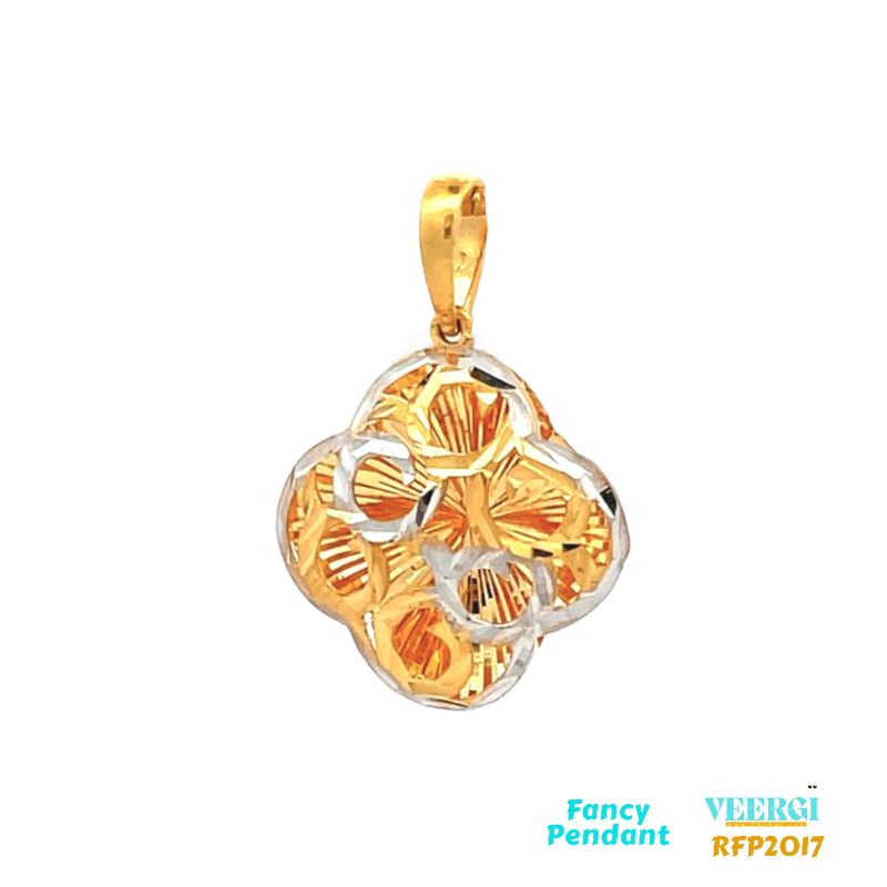 22-karat gold pendant with a two-tone design featuring an oval and netted pattern. The pendant falls under the category of fancy pendants and is listed with the product code RFP2017. It weighs 1.9 grams and has dimensions of 2.5cm by 1.8cm. The pendant is made of yellow gold.