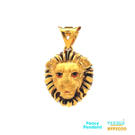 22-karat gold pendant in the shape of a lion's face. The pendant features oxidized hair to add depth and texture to the design. The lion's eye is adorned with red minakari, which is an intricate enamel work. This pendant falls under the category of fancy pendants and is listed with the product code RFP2020. It weighs 4.4 grams and measures 2.5cm by 1.5cm. The pendant is made of yellow gold.