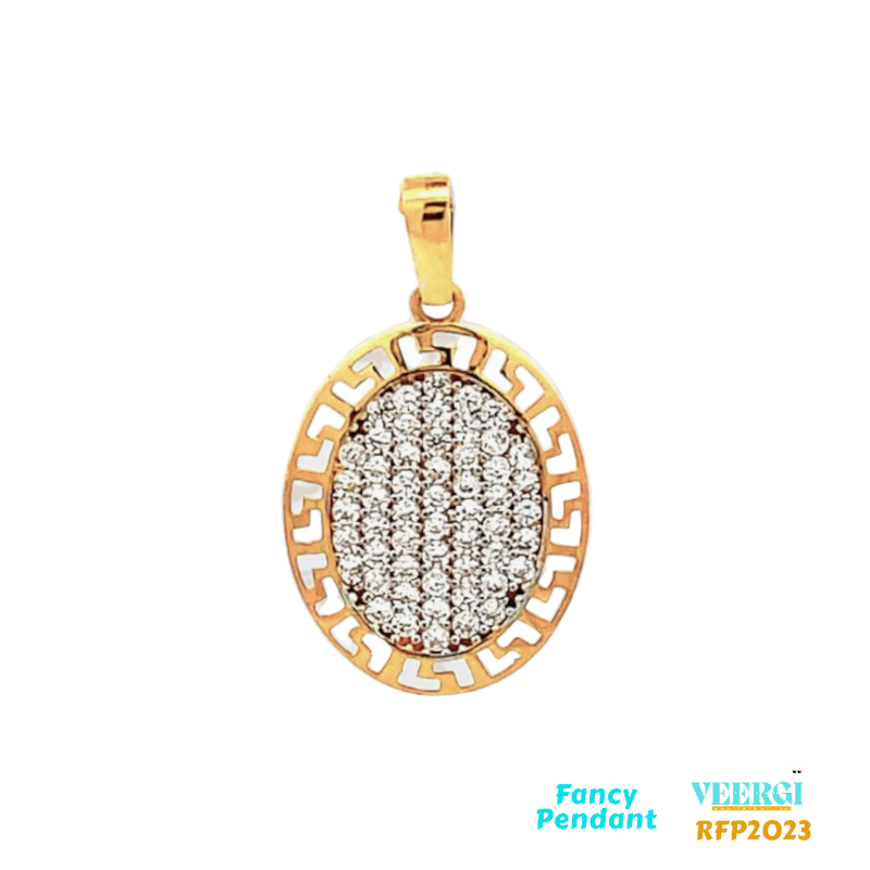 22-karat gold pendant in an oval shape, featuring a Greek design border. The center of the pendant is filled with cubic zirconia, adding a touch of elegance and glamour. The pendant falls under the category of fancy pendants and is listed with the product code RFP2023. It weighs 1.7 grams and measures 2.4cm by 1.4cm. It is made of yellow gold.