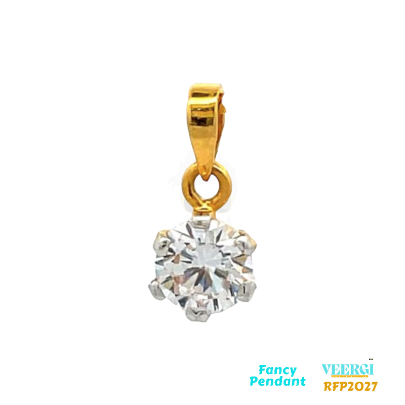 22kt gold pendant featuring a single Cubic Zirconia stone. It falls under the category of fancy pendants with the SKU (Stock Keeping Unit) RFP2027. The weight of the pendant is 1.0 gram, and it is made of yellow gold. The dimensions of the pendant are 1.5 cm in length and 0.8 cm in width.