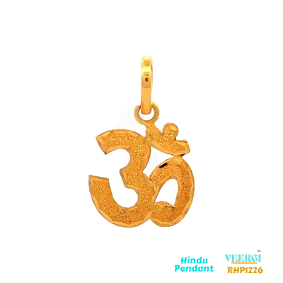 22-karat yellow gold pendant featuring the symbol "Om" in a sand finish. The pendant weighs 2.5 grams and has dimensions of approximately 2.8 cm by 1.8 cm.