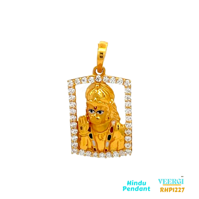 22-karat yellow gold pendant featuring an image of Hanuman ji within a frame. The frame border is adorned with cubic zirconia gemstones. The pendant weighs 3.6 grams and has dimensions of approximately 2.4 cm by 1.4 cm.