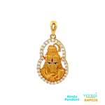 22-karat yellow gold pendant featuring an image of Lord Shiva within a frame. The frame border is adorned with cubic zirconia gemstones. The pendant weighs 3.6 grams and has dimensions of approximately 2.8 cm by 1.4 cm.