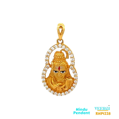 22-karat yellow gold pendant featuring an image of Lord Shiva within a frame. The frame border is adorned with cubic zirconia gemstones. The pendant weighs 3.6 grams and has dimensions of approximately 2.8 cm by 1.4 cm.