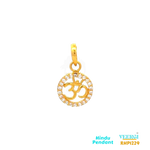  22-karat yellow gold Hindu pendant featuring the symbol "Om" on a round frame. The frame of the pendant is adorned with a border of cubic zirconia gemstones. The pendant weighs 1.1 grams and has dimensions of approximately 2.0 cm