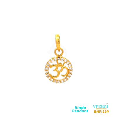  22-karat yellow gold Hindu pendant featuring the symbol "Om" on a round frame. The frame of the pendant is adorned with a border of cubic zirconia gemstones. The pendant weighs 1.1 grams and has dimensions of approximately 2.0 cm