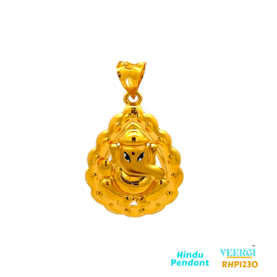 22-karat yellow gold Hindu pendant featuring an image of Lord Ganesh ji on a leaf-shaped frame. The pendant is part of the Pendants (Hindu) collection and has the code RHP1230. It weighs 2.2 grams and has dimensions of approximately 3.4 cm by 2.1 cm.