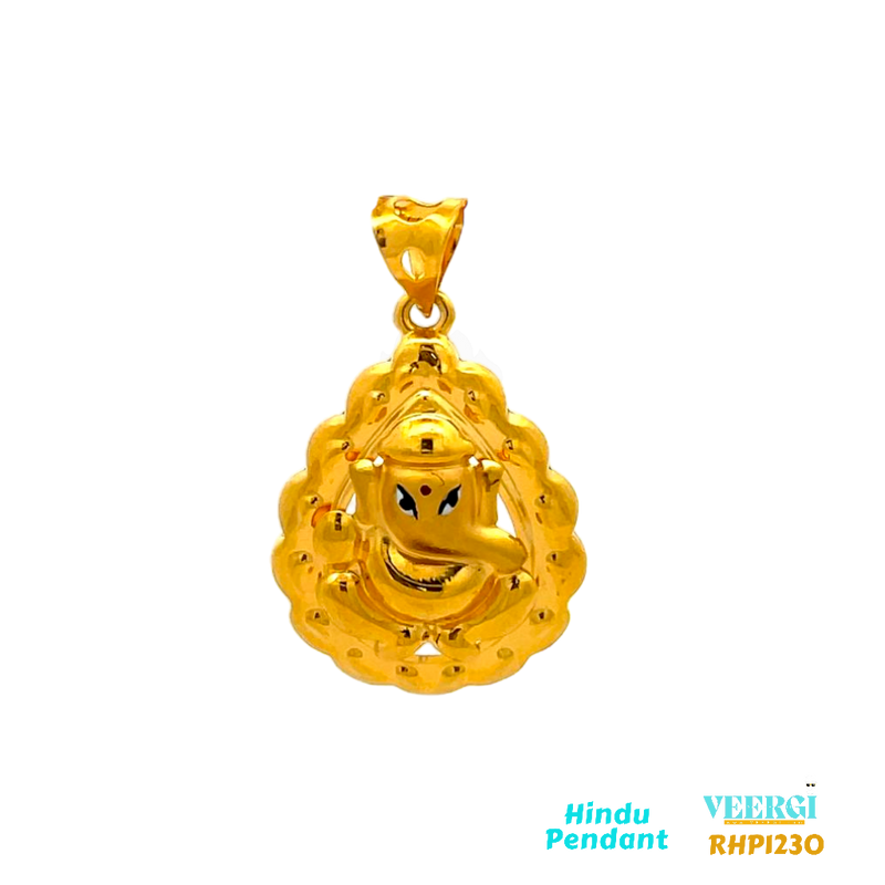 22-karat yellow gold Hindu pendant featuring an image of Lord Ganesh ji on a leaf-shaped frame. The pendant is part of the Pendants (Hindu) collection and has the code RHP1230. It weighs 2.2 grams and has dimensions of approximately 3.4 cm by 2.1 cm.