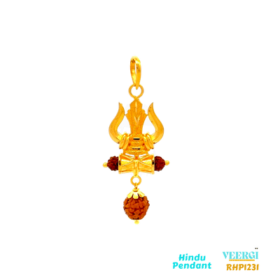 22-karat yellow gold Hindu pendant featuring the Trishool (trident) symbol. In the middle of the Trishool, there is a Damroo (small hourglass-shaped drum) attached, and each end of the Damroo is adorned with Rudraksha beads. The pendant is part of the Pendants (Hindu) collection with the code RHP1231. It weighs 8.0 grams and has dimensions of approximately 5.0 cm by 2.0 cm.