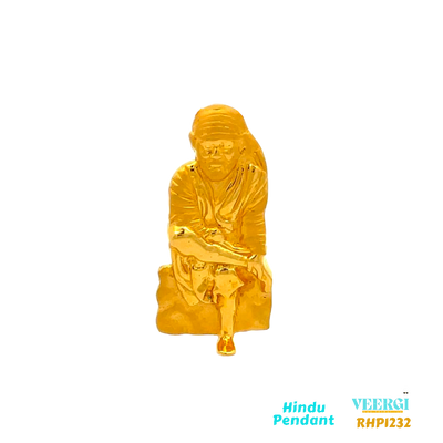 22-karat yellow gold Hindu pendant featuring an image of Sai Baba sitting on a rock. The pendant is part of the Pendants (Hindu) collection with the code RHP1232. It weighs 7.2 grams and has dimensions of approximately 3.3 cm by 1.5 cm.