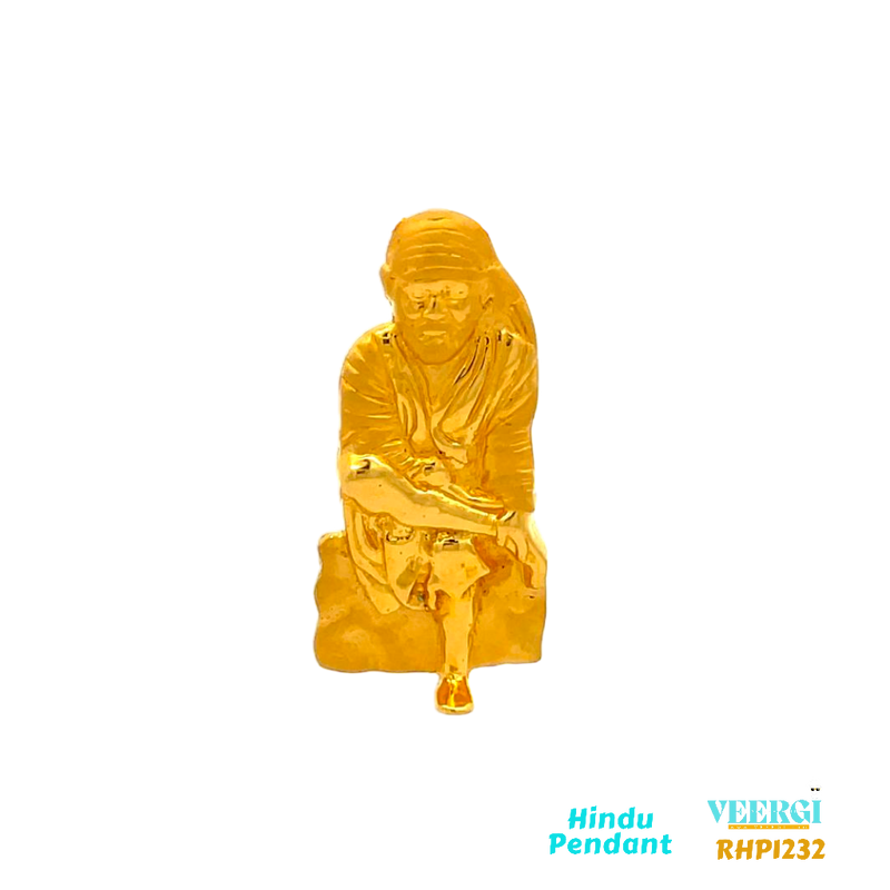 22-karat yellow gold Hindu pendant featuring an image of Sai Baba sitting on a rock. The pendant is part of the Pendants (Hindu) collection with the code RHP1232. It weighs 7.2 grams and has dimensions of approximately 3.3 cm by 1.5 cm.