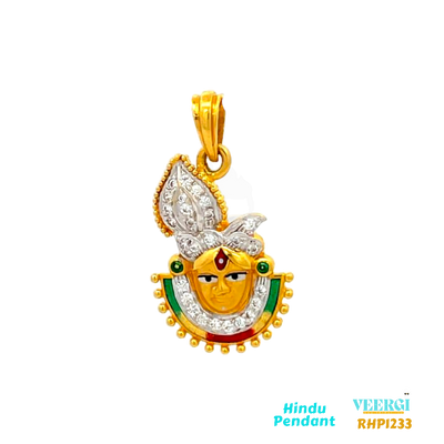  22-karat yellow gold Hindu pendant featuring an image of Lord Krishna. The pendant is adorned with Minakari design haram, which typically involves intricate enamel work. Additionally, there is one haram made of Cubic Zirconia and Cubic Zirconia on the pagri (turban) of Lord Krishna. The pendant is part of the Pendants (Hindu) collection with the code RHP1233. It weighs 3.7 grams and has dimensions of approximately 2.8 cm by 1.7 cm.