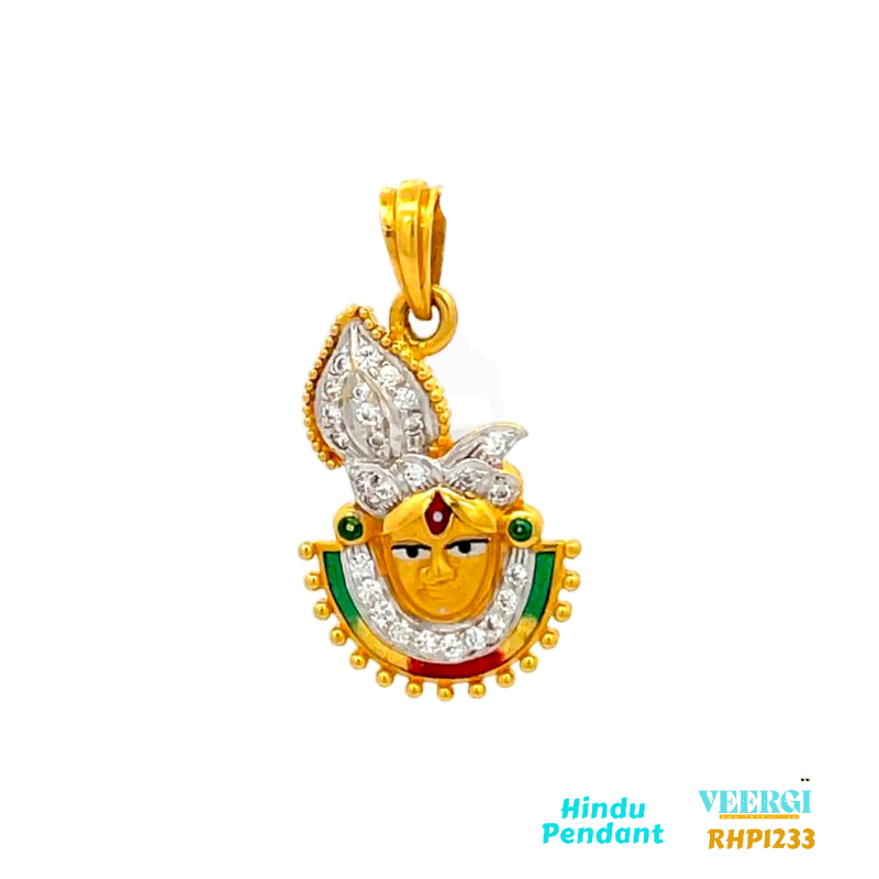  22-karat yellow gold Hindu pendant featuring an image of Lord Krishna. The pendant is adorned with Minakari design haram, which typically involves intricate enamel work. Additionally, there is one haram made of Cubic Zirconia and Cubic Zirconia on the pagri (turban) of Lord Krishna. The pendant is part of the Pendants (Hindu) collection with the code RHP1233. It weighs 3.7 grams and has dimensions of approximately 2.8 cm by 1.7 cm.