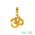 22-karat yellow gold Hindu pendant featuring the symbol "Om" in a sand finish. The pendant is part of the Pendants (Hindu) collection with the code RHP1234. It weighs 6.1 grams and has dimensions of approximately 3.5 cm by 2.7 cm.