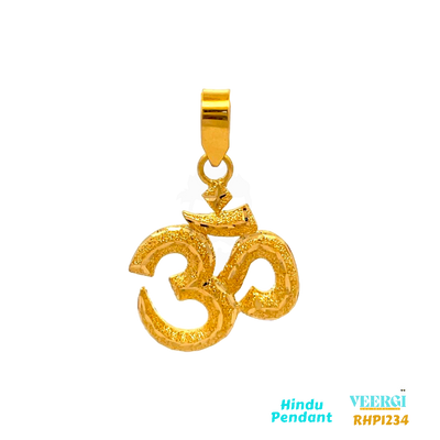 22-karat yellow gold Hindu pendant featuring the symbol "Om" in a sand finish. The pendant is part of the Pendants (Hindu) collection with the code RHP1234. It weighs 6.1 grams and has dimensions of approximately 3.5 cm by 2.7 cm.