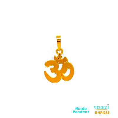 22-karat yellow gold Hindu pendant featuring the symbol "Om" in a matte finish. The pendant is part of the Pendants (Hindu) collection with the code RHP1235. It weighs 2.7 grams and has dimensions of approximately 2.8 cm by 1.8 cm.