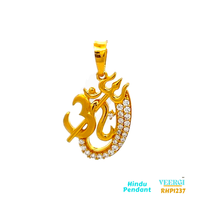 22-karat yellow gold Hindu pendant featuring the symbols "Om," Trishool (trident), and Ganesh ji's trunk. The Om and Trishool symbols are in a glossy finish, while Ganesh ji's trunk is adorned with cubic zirconia gemstones. The pendant is part of the Pendants (Hindu) collection with the code RHP1237. It weighs 3.0 grams and has dimensions of approximately 2.8 cm by 1.6 cm.