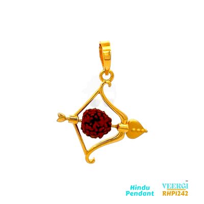 22-karat yellow gold Hindu pendant featuring the Ram Dhanush (bow of Lord Rama). The arrow of the Dhanush is adorned with Rudraksha beads. The entire pendant has a glossy finish. It is part of the Pendants (Hindu) collection with the code RHP1242. It weighs 2.7 grams and has dimensions of approximately 3.3 cm by 2.5 cm.