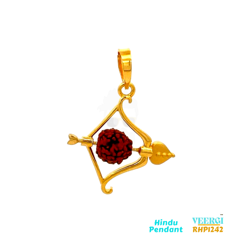 22-karat yellow gold Hindu pendant featuring the Ram Dhanush (bow of Lord Rama). The arrow of the Dhanush is adorned with Rudraksha beads. The entire pendant has a glossy finish. It is part of the Pendants (Hindu) collection with the code RHP1242. It weighs 2.7 grams and has dimensions of approximately 3.3 cm by 2.5 cm.