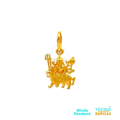 22-karat yellow gold Hindu pendant featuring an image of Sheran Wali Ma (Goddess Durga) seated on a lion (sher) while holding a Trishool (trident) and a gadha (mace). The pendant is part of the Pendants (Hindu) collection with the code RHP1244. It weighs 2.0 grams and has dimensions of approximately 2.5 cm by 1.2 cm.