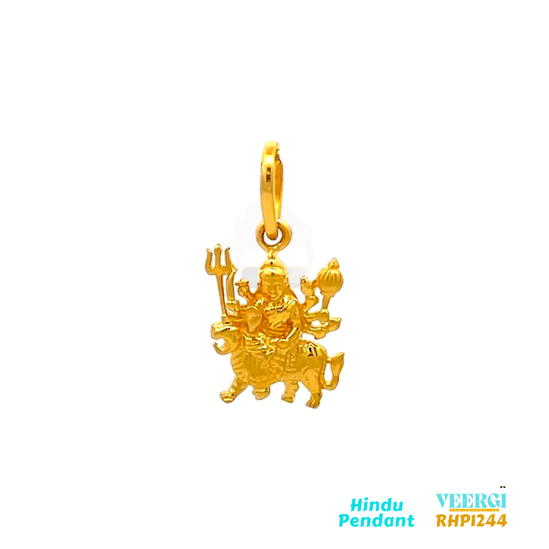 22-karat yellow gold Hindu pendant featuring an image of Sheran Wali Ma (Goddess Durga) seated on a lion (sher) while holding a Trishool (trident) and a gadha (mace). The pendant is part of the Pendants (Hindu) collection with the code RHP1244. It weighs 2.0 grams and has dimensions of approximately 2.5 cm by 1.2 cm.