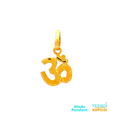 22-karat yellow gold Hindu pendant featuring the symbol "Om" in a sand finish. The pendant is part of the Pendants (Hindu) collection with the code RHP1245. It weighs 1.7 grams and has dimensions of approximately 2.2 cm by 1.4 cm.