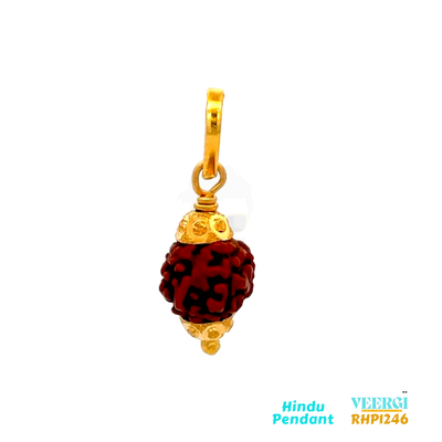 22-karat yellow gold Hindu pendant featuring Rudraksha beads. The pendant is part of the Pendants (Hindu) collection with the code RHP1246. It weighs 1.7 grams and has dimensions of approximately 2.8 cm by 1.0 cm.