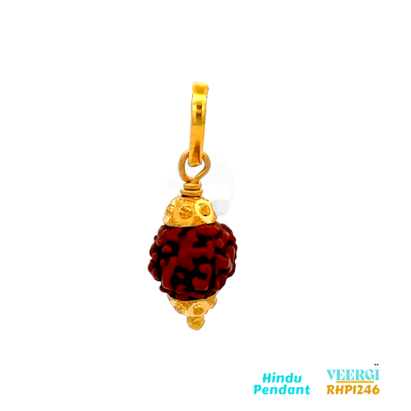 22-karat yellow gold Hindu pendant featuring Rudraksha beads. The pendant is part of the Pendants (Hindu) collection with the code RHP1246. It weighs 1.7 grams and has dimensions of approximately 2.8 cm by 1.0 cm.