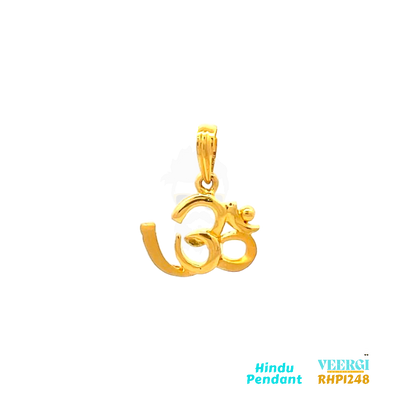 22-karat yellow gold Hindu pendant featuring the symbol "Om" with a gloss finish. The pendant is part of the Pendants (Hindu) collection with the code RHP1248. It weighs 1.6 grams and has dimensions of approximately 1.9 cm by 1.6 cm.