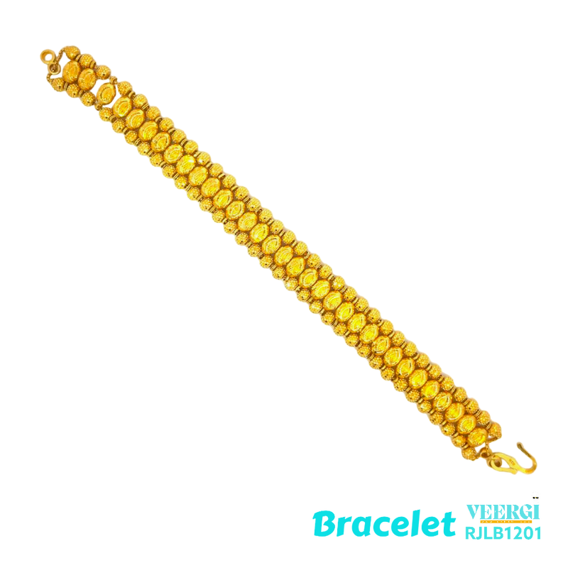 A ladies' bracelet with a gold beaded design, perfect for those who appreciate the simplicity and elegance of gold jewelry. This versatile piece is made of 22kt yellow gold and weighs 32.5 grams. It can be worn with various outfits and styles, adding a touch of sophistication. This bracelet is not only beautiful but also holds long-lasting value, making it a cherished accessory for years to come.