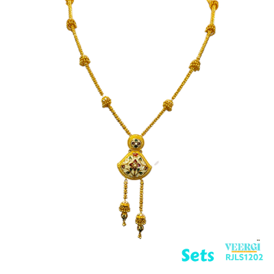 A 22kt gold set with a long design in yellow gold and adorned with White Meenakari would be a stunning and unique piece of jewelry. Meenakari, also known as enamel work. 63.9 gm