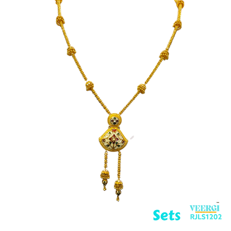 A 22kt gold set with a long design in yellow gold and adorned with White Meenakari would be a stunning and unique piece of jewelry. Meenakari, also known as enamel work. 63.9 gm