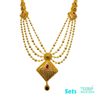 A 22kt gold Indian traditional set with 4 lines and cubic zirconia stones, featuring ruby and emerald stones, In addition to cubic zirconia stones, the set would also feature ruby and emerald stones. 91.8 gm