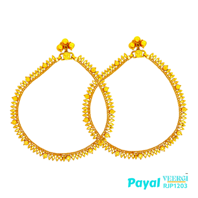 A 22kt gold handmade payal with a hanging chain and balls would be a trendy and fashionable choice for those who appreciate the beauty of traditional Indian jewelry with a modern twist.