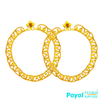 A 22kt gold payal with a traditional Indian design typically features intricate detailing and craftsmanship. It is usually made of pure 22kt gold, which has a rich yellow color 