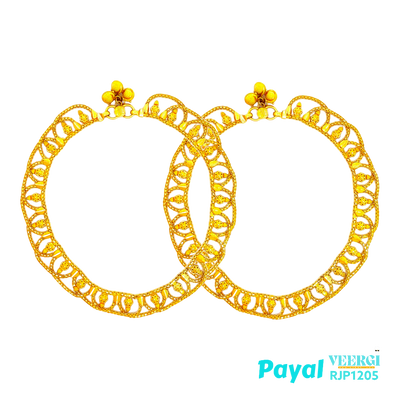 A 22kt gold payal with a traditional Indian design typically features intricate detailing and craftsmanship. It is usually made of pure 22kt gold, which has a rich yellow color 