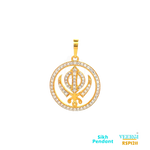 22-karat gold Sikh pendant featuring the symbol "Khanda" placed in a Rind (circle). The entire piece is studded with Cubic Zirconia gemstones. It is part of the Pendants (Sikh) collection with the code RSP1211. The pendant weighs 5.0 grams and has dimensions of approximately 3.4 cm by 2.5 cm.