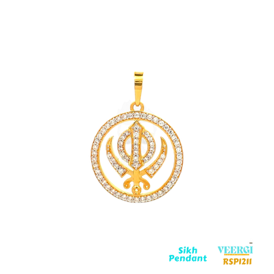 22-karat gold Sikh pendant featuring the symbol "Khanda" placed in a Rind (circle). The entire piece is studded with Cubic Zirconia gemstones. It is part of the Pendants (Sikh) collection with the code RSP1211. The pendant weighs 5.0 grams and has dimensions of approximately 3.4 cm by 2.5 cm.