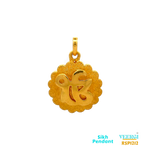 22-karat gold Sikh pendant featuring the symbol "Ek Onkar" in a gloss finish placed on top of a chakra in a sand finish. It is part of the Pendants (Sikh) collection with the code RSP1212. The pendant weighs 9.7 grams and has dimensions of approximately 3.6 cm by 2.6 cm.