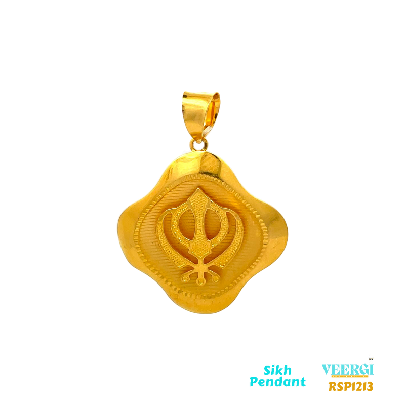 22-karat gold Sikh pendant featuring the Khanda symbol. The Khanda is placed on a bubble-shaped pendant with four rounded corners, which has a gloss finish. The Khanda itself is in a sand finish. This pendant is part of the Sikh Pendant collection with the code RSP1213. It weighs 5.3 grams and has dimensions of approximately 4.5 cm by 3.3 cm.
