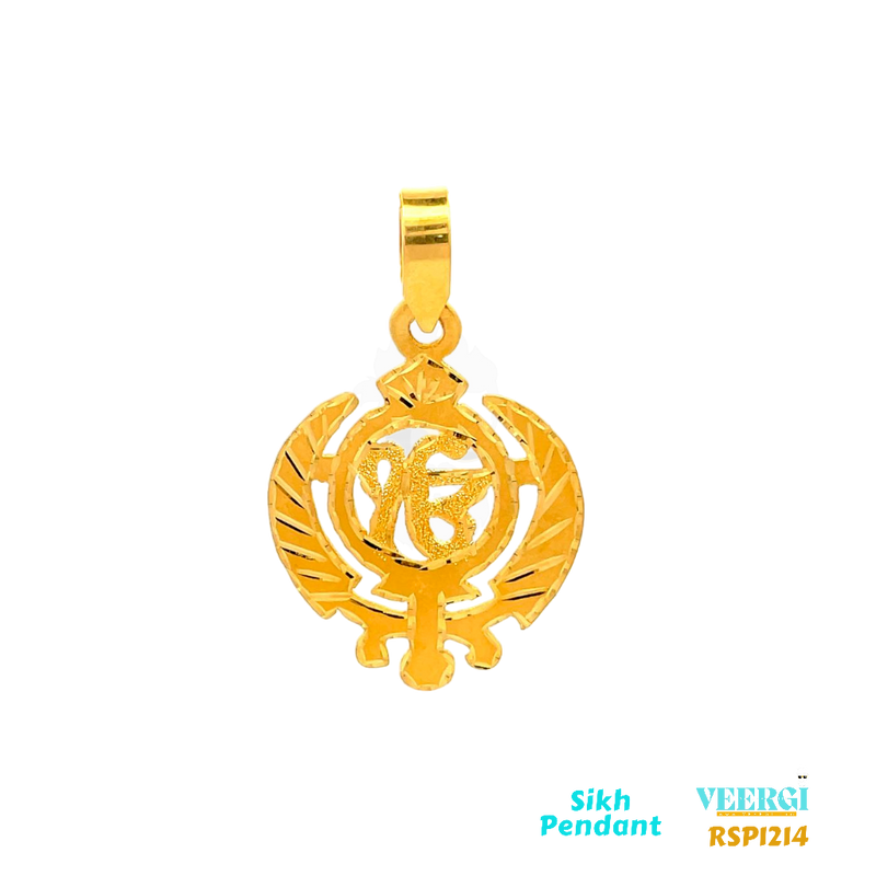 22-karat gold Sikh pendant featuring the Khanda symbol. The Khanda is placed on a bubble-shaped pendant with four rounded corners, which has a gloss finish. The Khanda itself is in a sand finish. This pendant is part of the Sikh Pendant collection with the code RSP1213. It weighs 5.3 grams and has dimensions of approximately 4.5 cm by 3.3 cm.