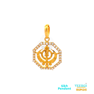 22-karat gold Sikh pendant featuring the Khanda symbol placed within a hexagon. The hexagon is adorned with cubic zirconias. This pendant is part of the Sikh Pendant collection with the code RSP1215. It weighs 4.9 grams and has dimensions of approximately 3.4 cm by 2.1 cm.