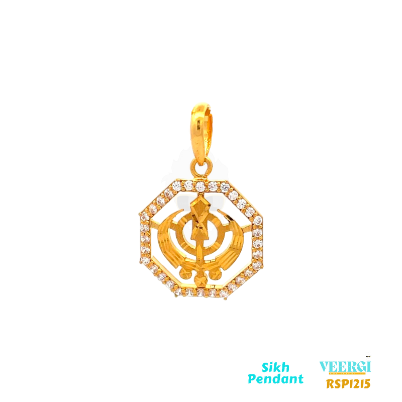 22-karat gold Sikh pendant featuring the Khanda symbol placed within a hexagon. The hexagon is adorned with cubic zirconias. This pendant is part of the Sikh Pendant collection with the code RSP1215. It weighs 4.9 grams and has dimensions of approximately 3.4 cm by 2.1 cm.