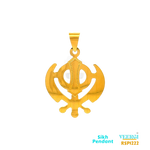 VeerGi 22-karat gold Sikh pendant featuring the Khanda symbol in a gloss finish. This pendant is part of the Sikh Pendant collection with the code RSP1222. It weighs 9.7 grams and has dimensions of approximately 4.2 cm by 3.1 cm.