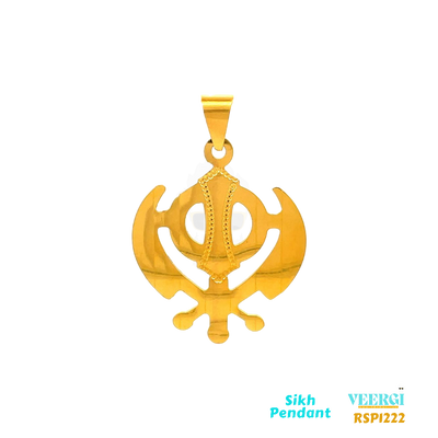 VeerGi 22-karat gold Sikh pendant featuring the Khanda symbol in a gloss finish. This pendant is part of the Sikh Pendant collection with the code RSP1222. It weighs 9.7 grams and has dimensions of approximately 4.2 cm by 3.1 cm.