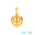 VeerGi 22-karat gold Sikh pendant featuring the Khanda symbol in a gloss finish. This pendant is part of the Sikh Pendant collection with the code RSP1223. It weighs 9.4 grams and has dimensions of approximately 5.3 cm by 3.1 cm.